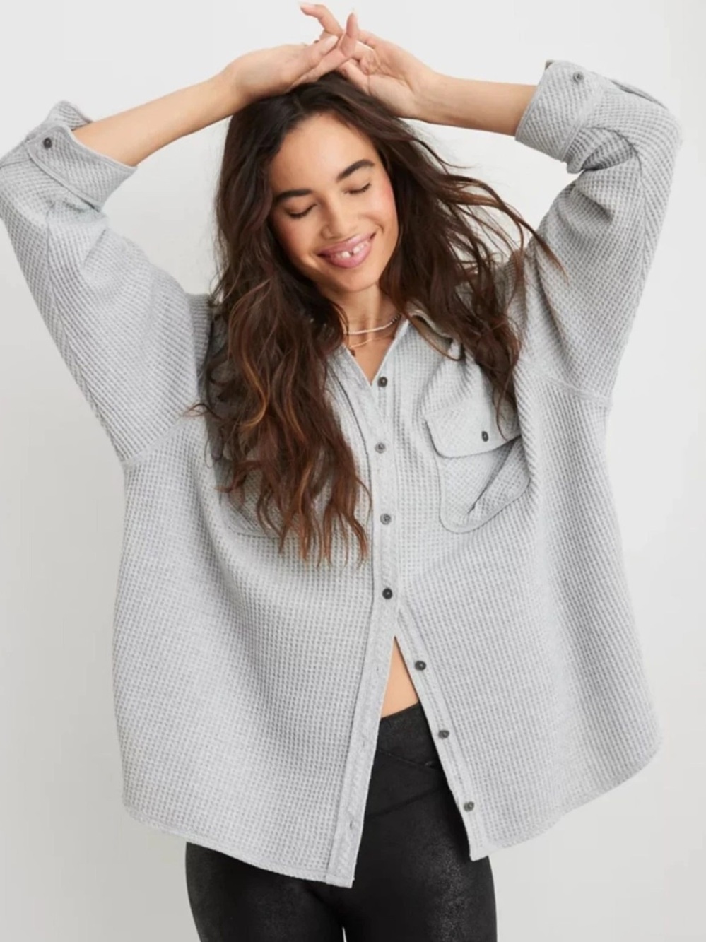 Aerie LumberJane Waffle Knit Oversized Jacket Shacket in grey SMALL